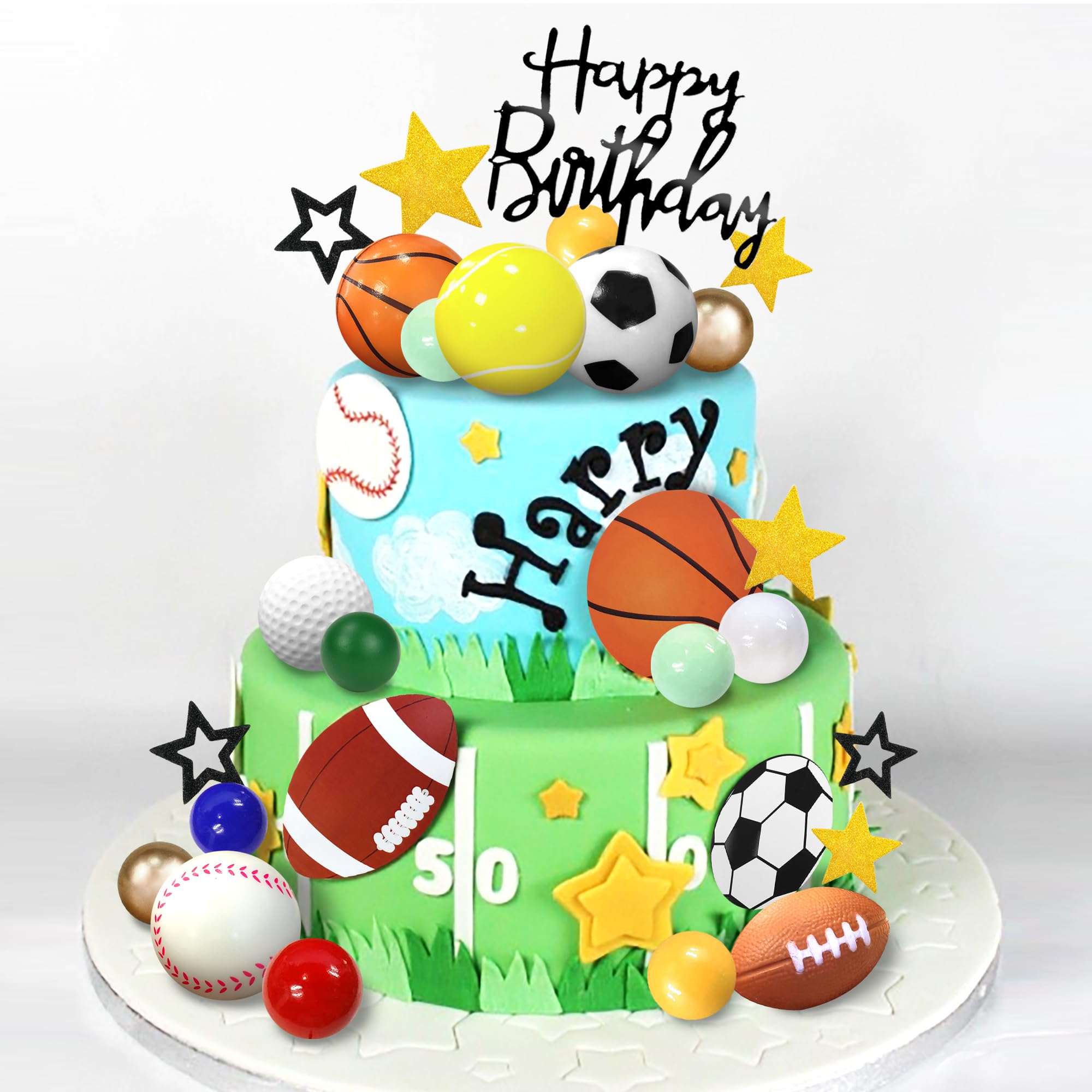 DRWATE 37-Piece Sports Cake Topper Set - Soccer, Football, Baseball, Basketball, Tennis, Golf - Birthday Party Decorations