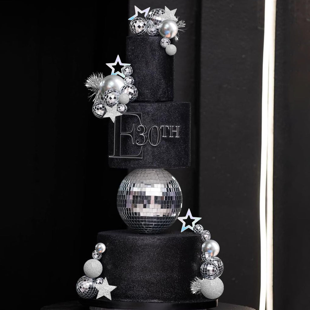 DRWATE 47-Piece Disco Ball Cake Topper Set - Mirror Balls, Stars & Fireworks for 70s 80s Party Decor