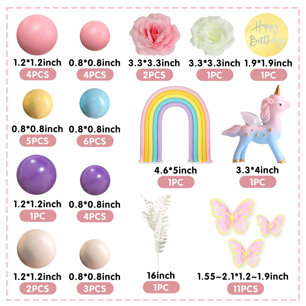 DRWATE 47-Piece Unicorn Cake Topper Set with Rainbow, Butterflies, and Foam Balls - Birthday Party Decorations