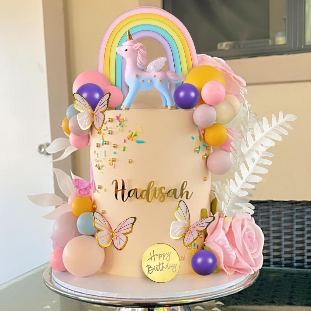 DRWATE 47-Piece Unicorn Cake Topper Set with Rainbow, Butterflies, and Foam Balls - Birthday Party Decorations