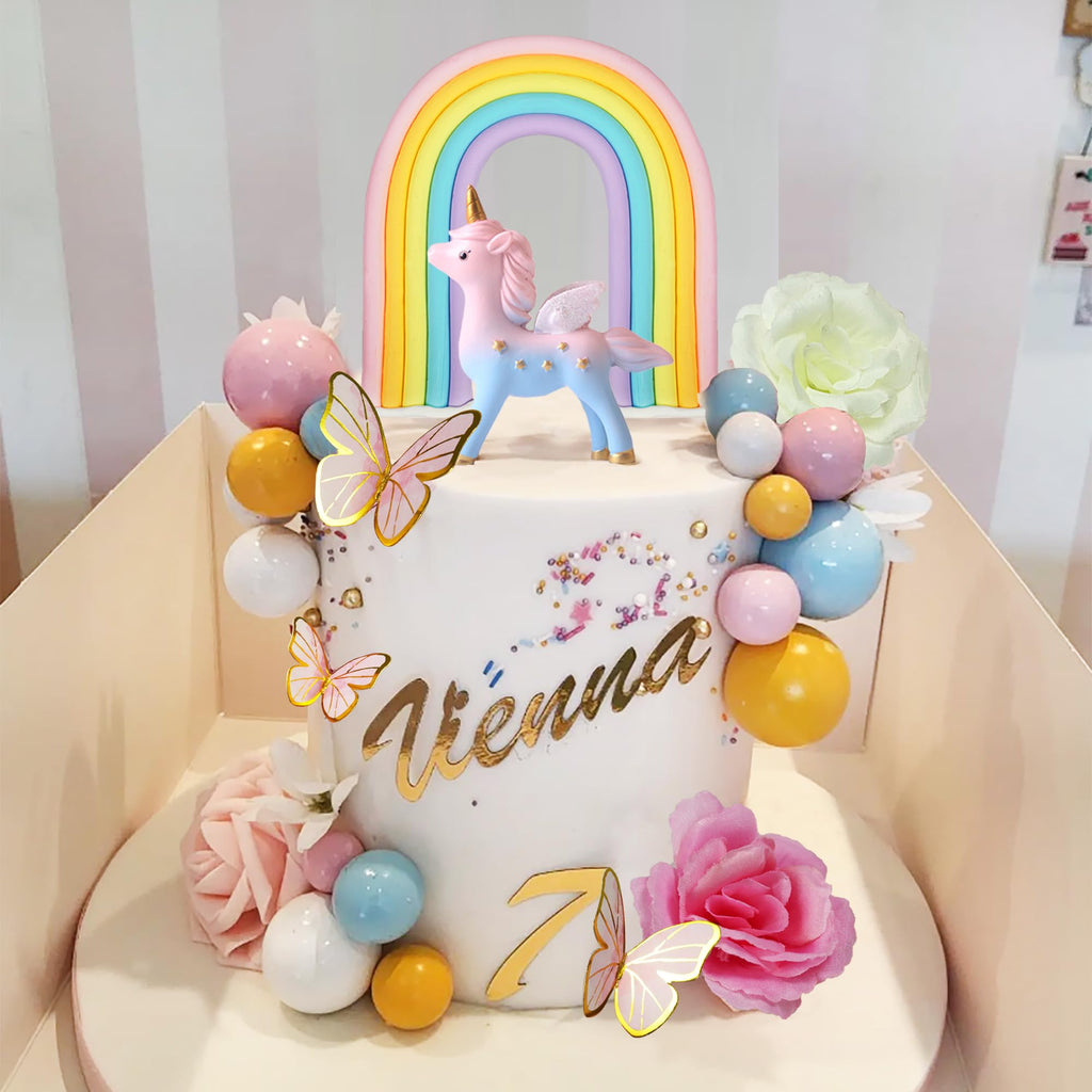 DRWATE 47-Piece Unicorn Cake Topper Set with Rainbow, Butterflies, and Foam Balls - Birthday Party Decorations