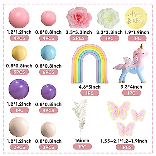 DRWATE 47-Piece Unicorn Cake Topper Set with Rainbow, Butterflies, and Foam Balls - Birthday Party Decorations