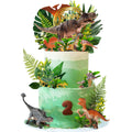 DRWATE Dinosaur Cake Toppers Set - 37 Pieces with Tyrannosaurus, Ankylosaur, Velociraptor, Artificial Plants, and Golden Birthday Topper for Dinosaur Theme Jungle Party