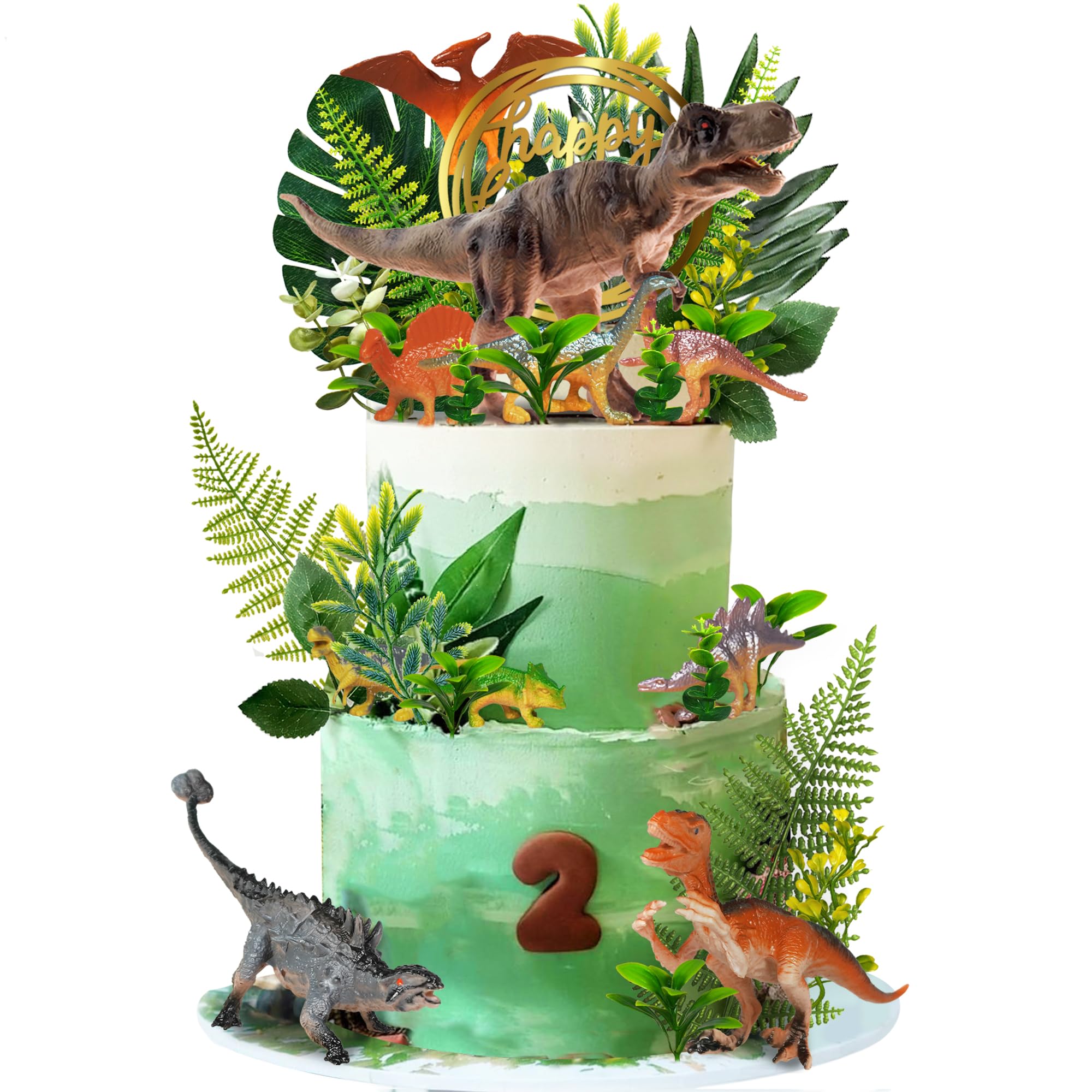 DRWATE Dinosaur Cake Toppers Set - 37 Pieces with Tyrannosaurus, Ankylosaur, Velociraptor, Artificial Plants, and Golden Birthday Topper for Dinosaur Theme Jungle Party