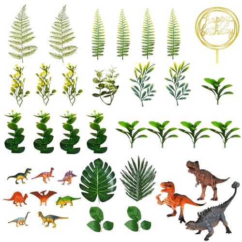 DRWATE Dinosaur Cake Toppers Set - 37 Pieces with Tyrannosaurus, Ankylosaur, Velociraptor, Artificial Plants, and Golden Birthday Topper for Dinosaur Theme Jungle Party
