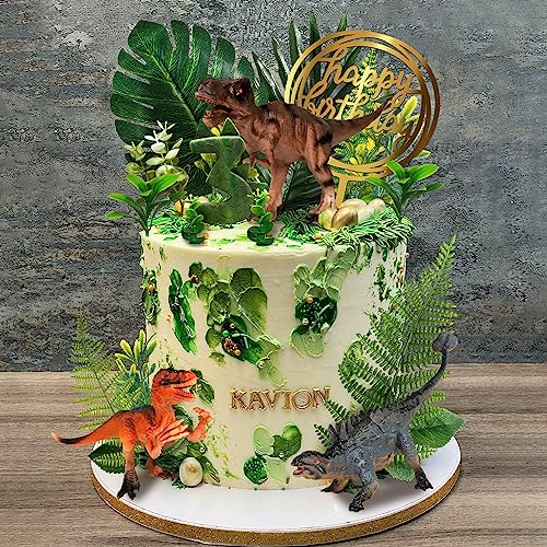DRWATE Dinosaur Cake Toppers Set - 37 Pieces with Tyrannosaurus, Ankylosaur, Velociraptor, Artificial Plants, and Golden Birthday Topper for Dinosaur Theme Jungle Party