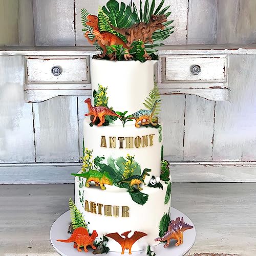 DRWATE Dinosaur Cake Toppers Set - 37 Pieces with Tyrannosaurus, Ankylosaur, Velociraptor, Artificial Plants, and Golden Birthday Topper for Dinosaur Theme Jungle Party