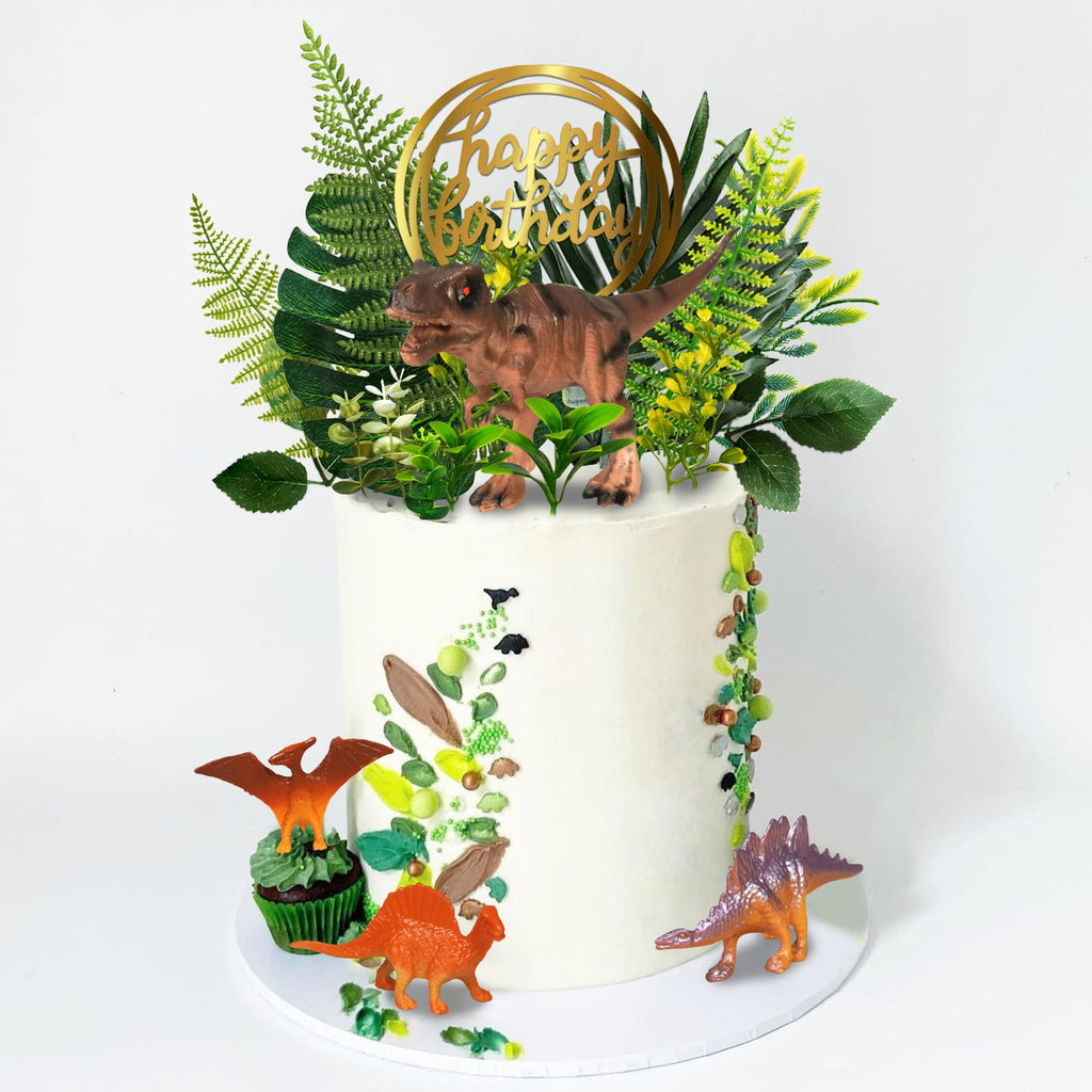DRWATE Dinosaur Cake Toppers Set - 37 Pieces with Tyrannosaurus, Ankylosaur, Velociraptor, Artificial Plants, and Golden Birthday Topper for Dinosaur Theme Jungle Party
