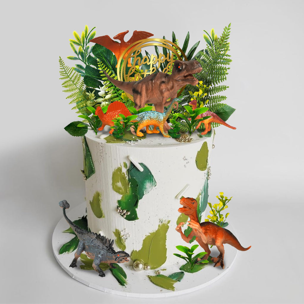 DRWATE Dinosaur Cake Toppers Set - 37 Pieces with Tyrannosaurus, Ankylosaur, Velociraptor, Artificial Plants, and Golden Birthday Topper for Dinosaur Theme Jungle Party