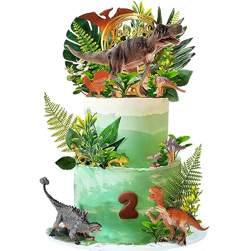 DRWATE Dinosaur Cake Toppers Set - 37 Pieces with Tyrannosaurus, Ankylosaur, Velociraptor, Artificial Plants, and Golden Birthday Topper for Dinosaur Theme Jungle Party