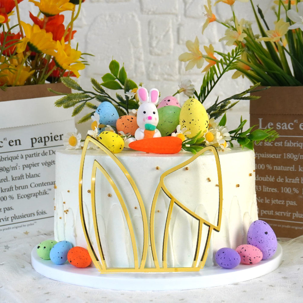 DRWATE Easter Cake Topper Set - 26 Pieces Polymer Clay Rabbit, Carrot, Bunny Ears, Eggs & Daisies for Easter Birthday Fairy Garden Decorations