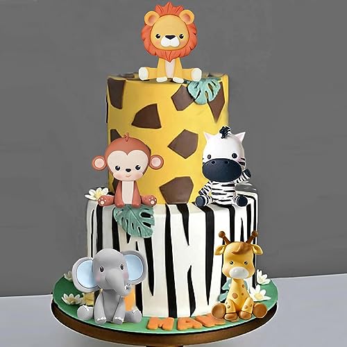 DRWATE Jungle Safari Animal Cake Toppers – 5-Piece Soft Clay Set with Lion, Giraffe, Elephant, Zebra, Monkey for Wild Animal Theme Parties