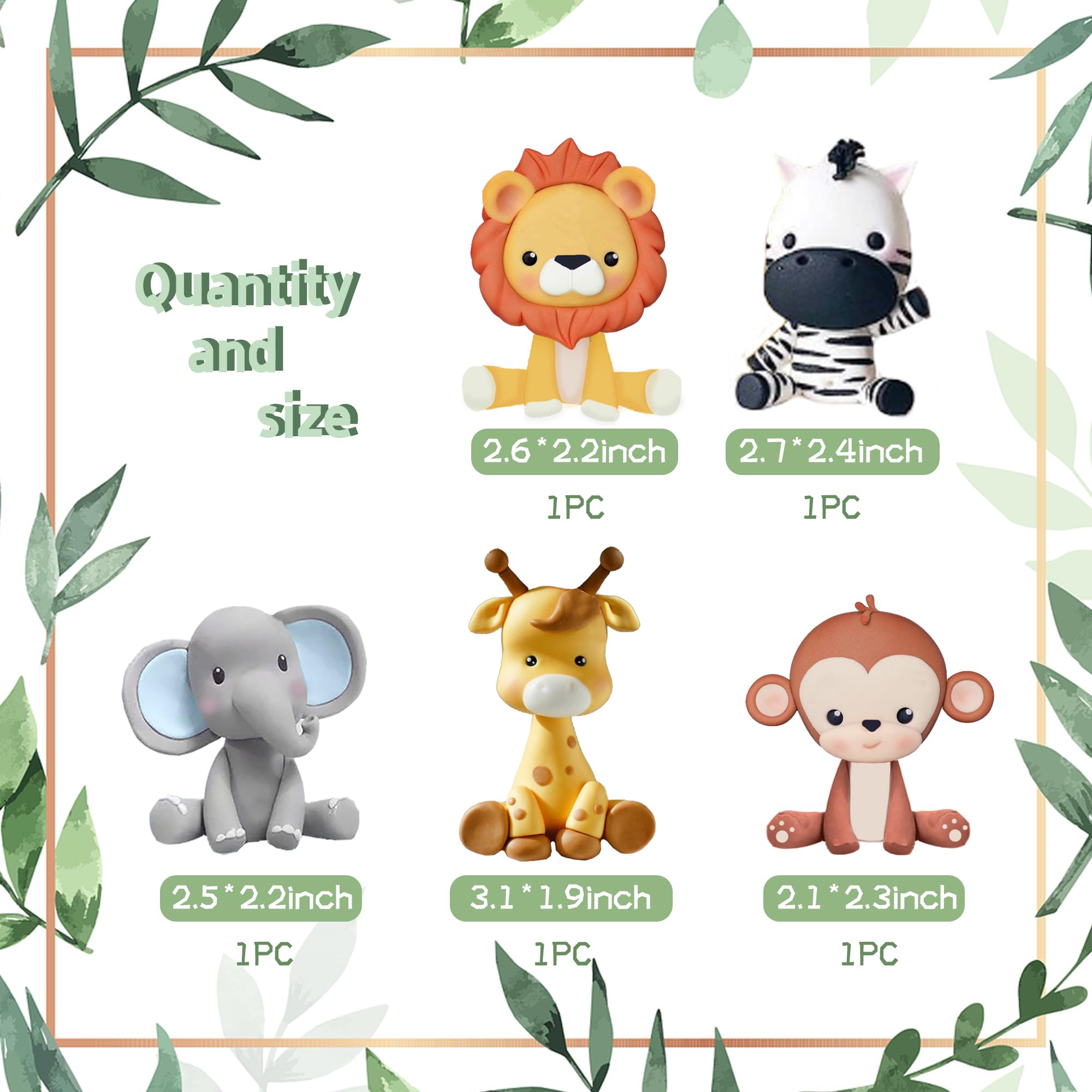 DRWATE Jungle Safari Animal Cake Toppers – 5-Piece Soft Clay Set with Lion, Giraffe, Elephant, Zebra, Monkey for Wild Animal Theme Parties