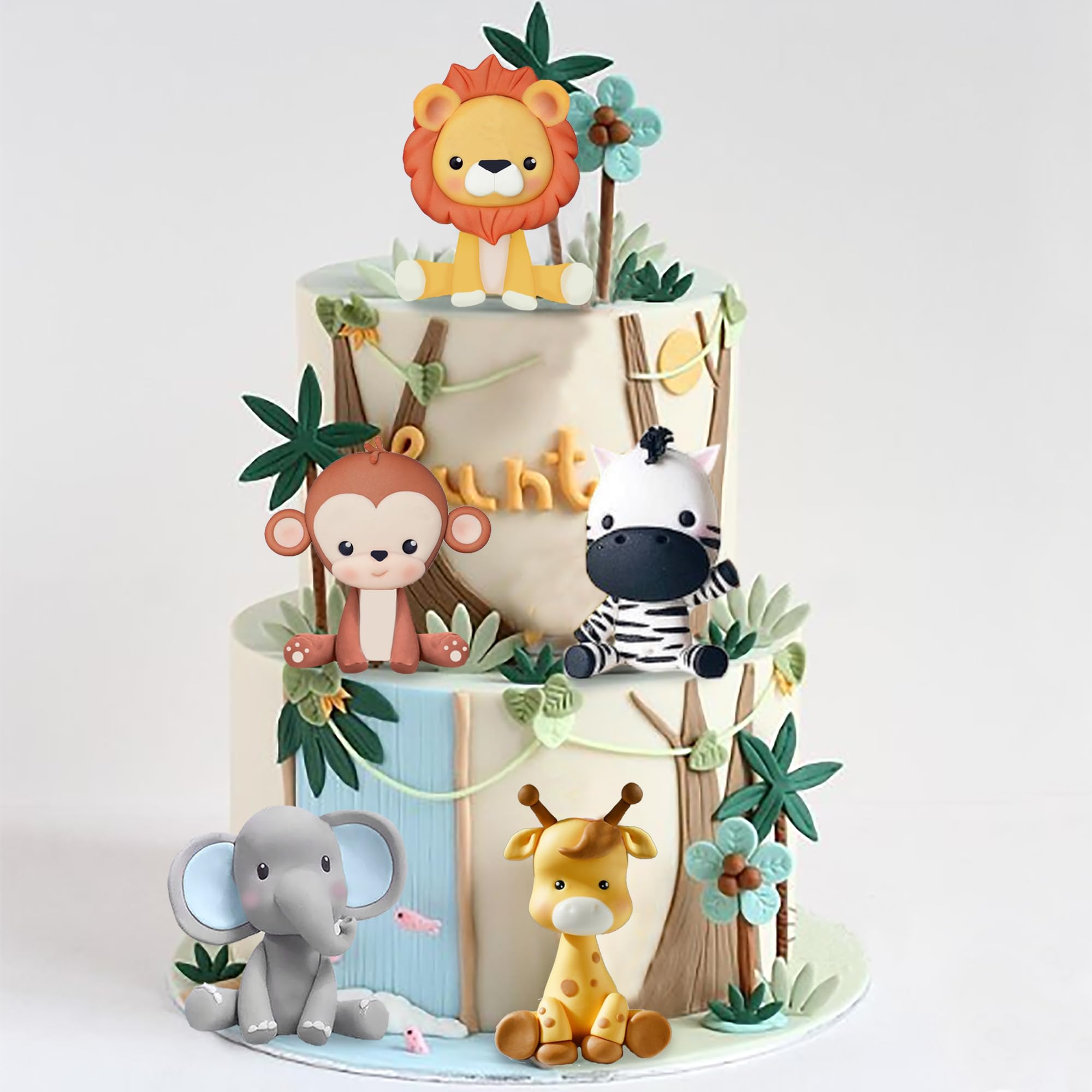DRWATE Jungle Safari Animal Cake Toppers – 5-Piece Soft Clay Set with Lion, Giraffe, Elephant, Zebra, Monkey for Wild Animal Theme Parties