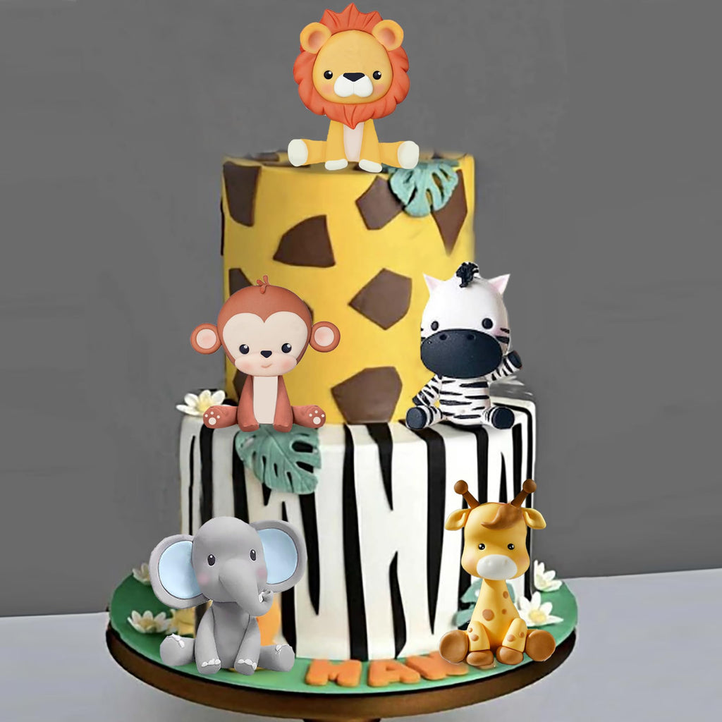 DRWATE Jungle Safari Animal Cake Toppers – 5-Piece Soft Clay Set with Lion, Giraffe, Elephant, Zebra, Monkey for Wild Animal Theme Parties