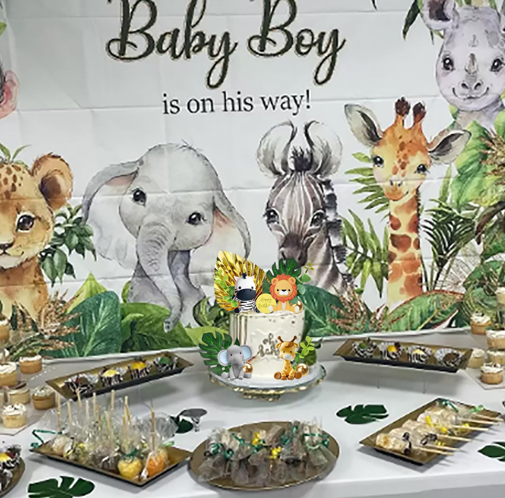 DRWATE Jungle Safari Animal Cake Toppers – 5-Piece Soft Clay Set with Lion, Giraffe, Elephant, Zebra, Monkey for Wild Animal Theme Parties