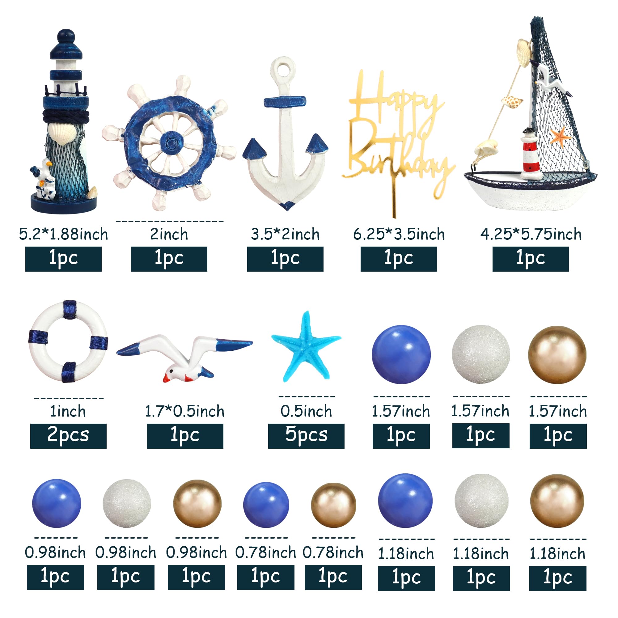 DRWATE Nautical Cake Topper Set with Ship, Lighthouse, Seagulls & Anchor for Nautical Birthday Cakes (24 Pieces, Style 01)