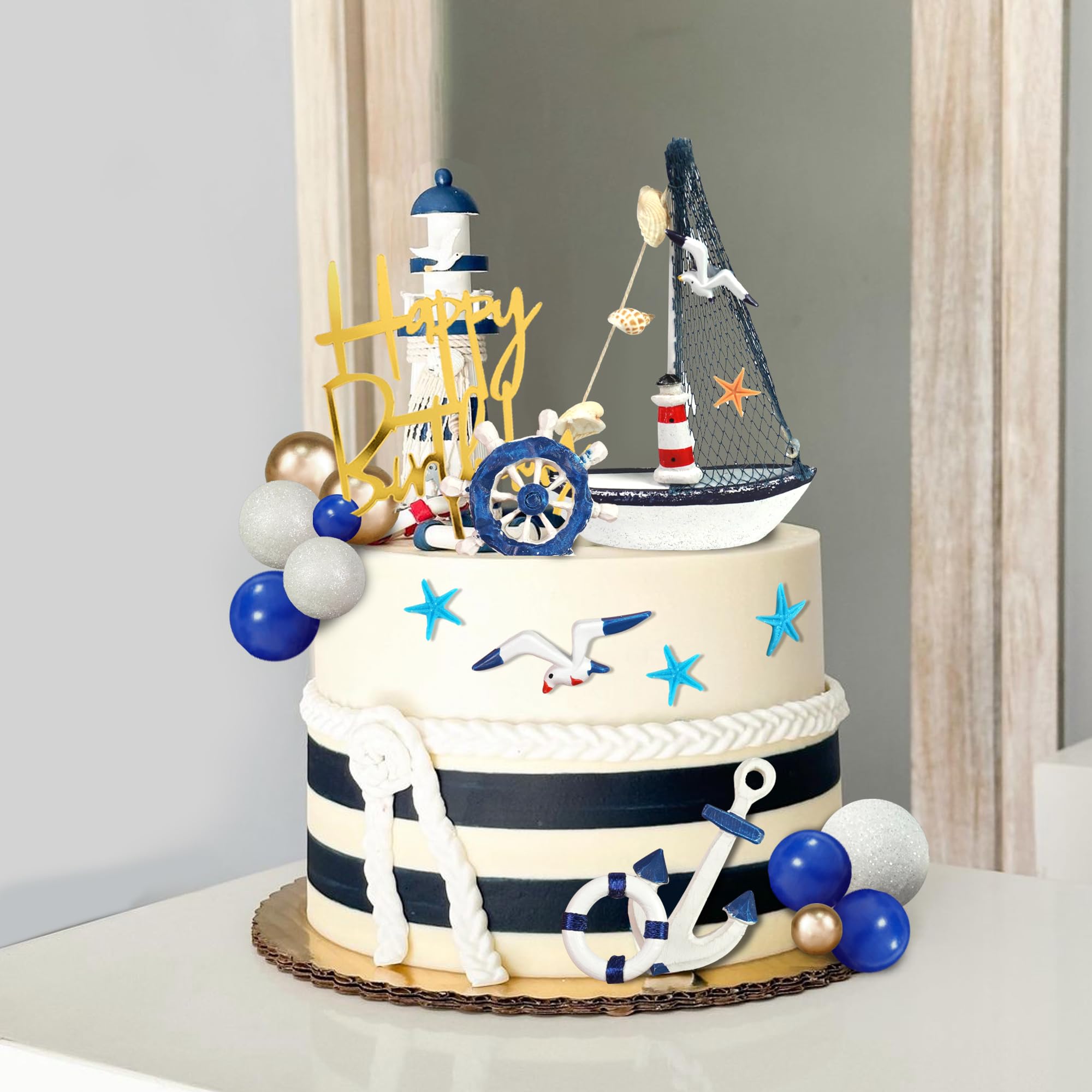 DRWATE Nautical Cake Topper Set with Ship, Lighthouse, Seagulls & Anchor for Nautical Birthday Cakes (24 Pieces, Style 01)