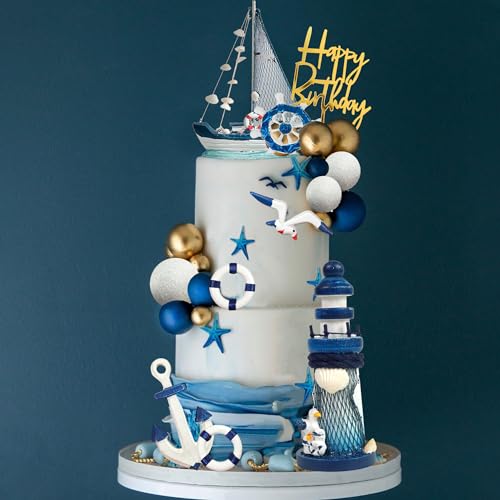 DRWATE Nautical Cake Topper Set with Ship, Lighthouse, Seagulls & Anchor for Nautical Birthday Cakes (24 Pieces, Style 01)