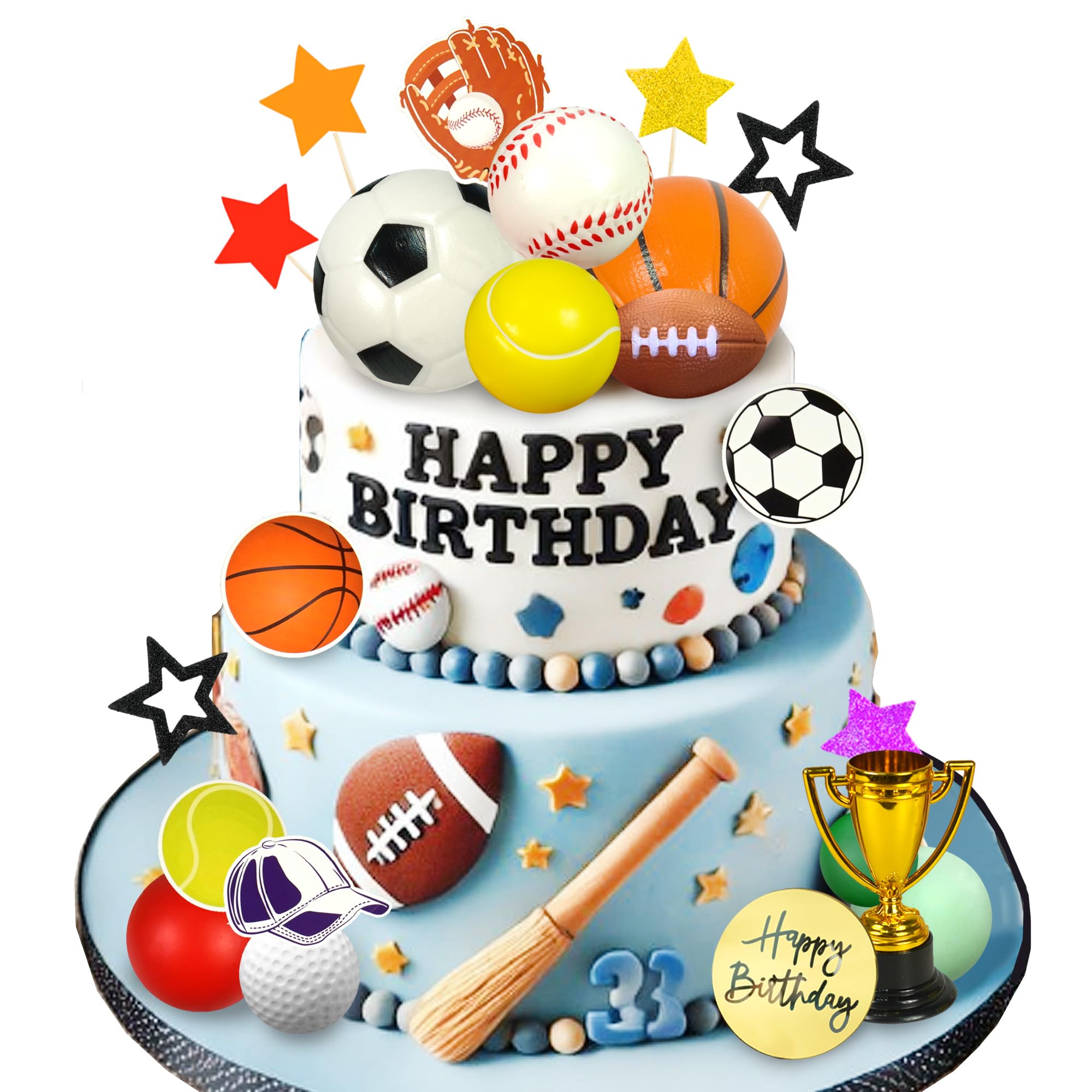 DRWATE Sports Cake Toppers Set - 37-Piece Multicolor Sports Theme Party Decorations