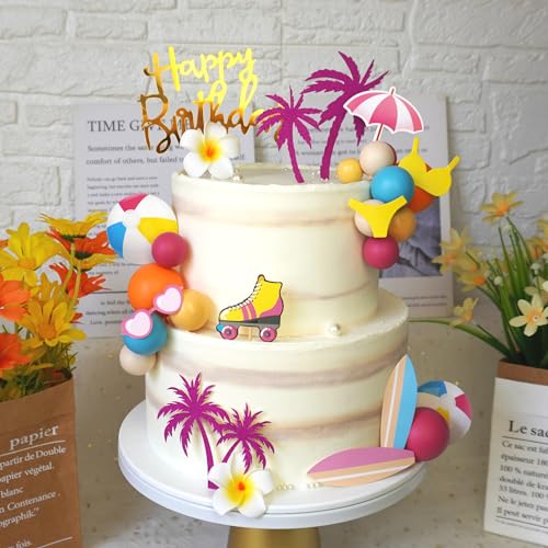 DRWATE Summer Hawaiian Cake Topper Set - 29 Pieces with Surfboard, Beach Ball, and Acrylic Happy Birthday Topper