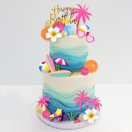 DRWATE Summer Hawaiian Cake Topper Set - 29 Pieces with Surfboard, Beach Ball, and Acrylic Happy Birthday Topper
