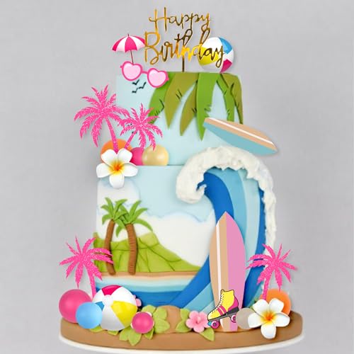 DRWATE Summer Hawaiian Cake Topper Set - 29 Pieces with Surfboard, Beach Ball, and Acrylic Happy Birthday Topper