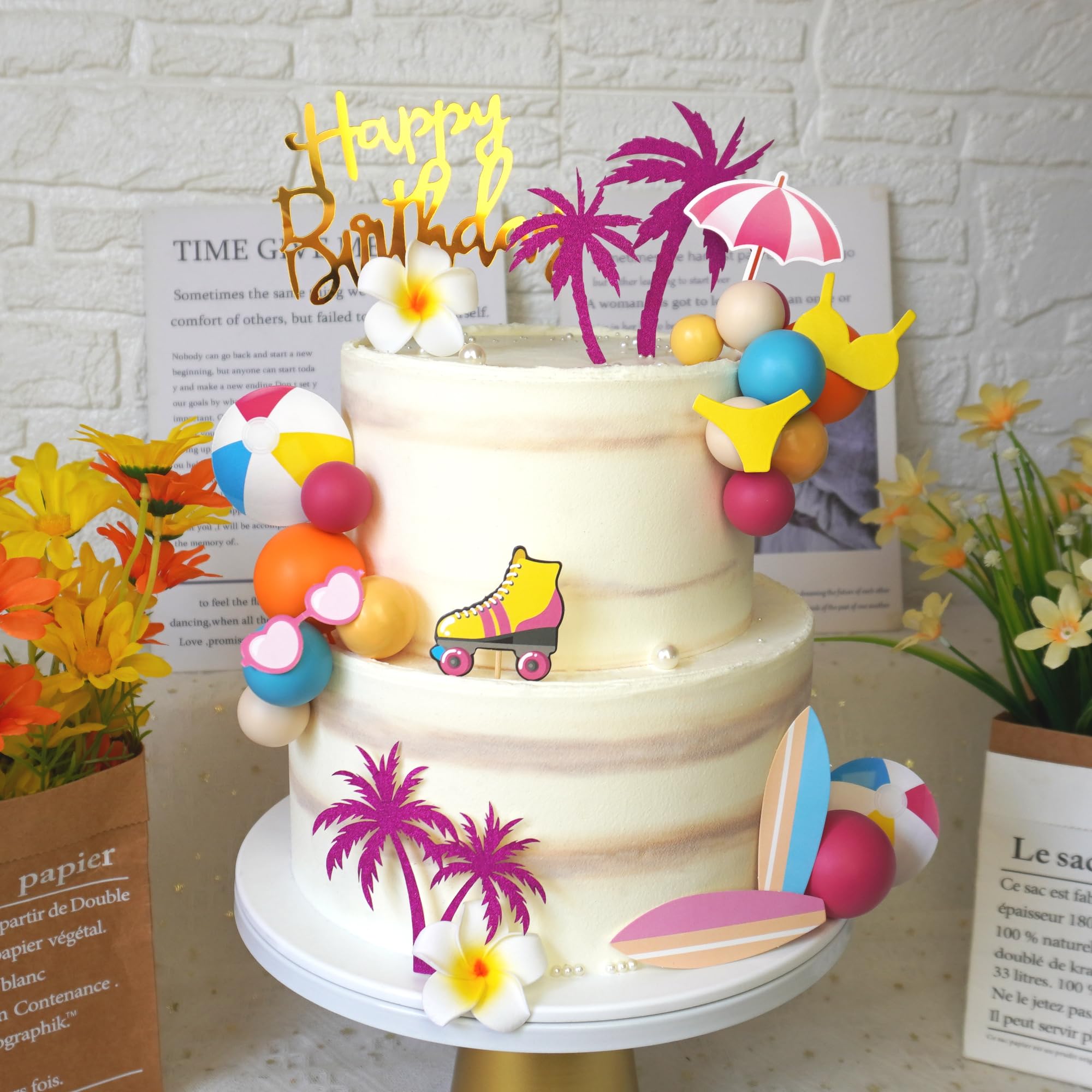 DRWATE Summer Hawaiian Cake Topper Set - 29 Pieces with Surfboard, Beach Ball, and Acrylic Happy Birthday Topper