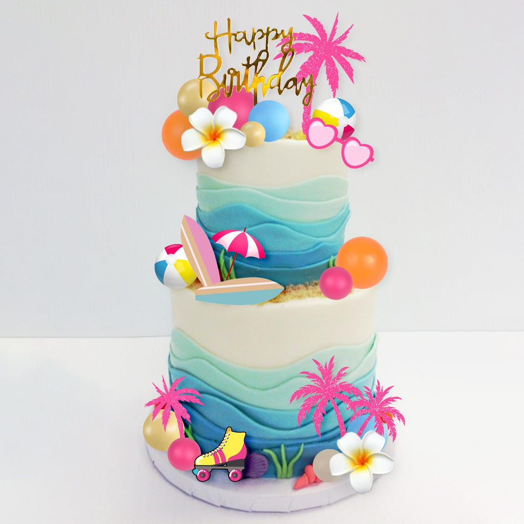 DRWATE Summer Hawaiian Cake Topper Set - 29 Pieces with Surfboard, Beach Ball, and Acrylic Happy Birthday Topper
