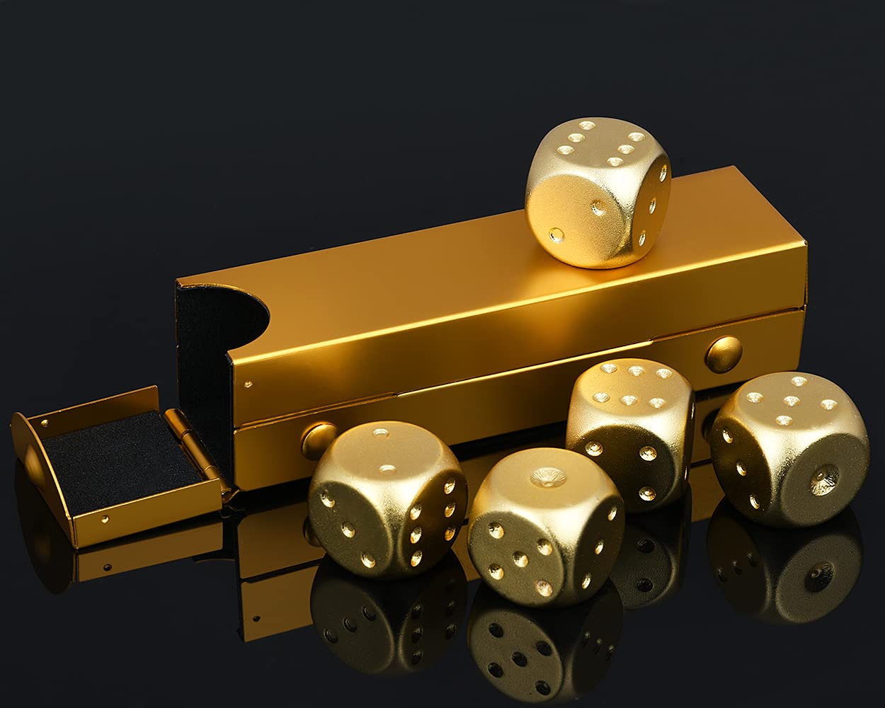 DS. Distinctive Style 5-Piece 16mm Aluminum Alloy Metal Dice Set with Portable Case – Gold