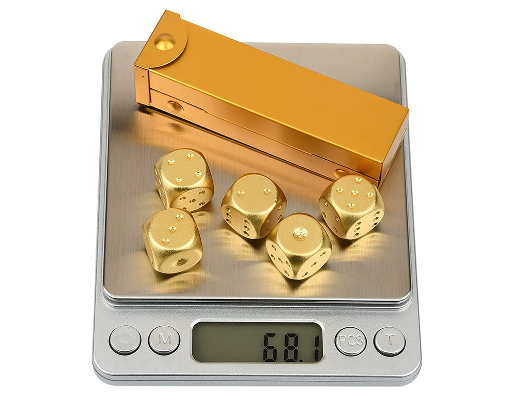 DS. Distinctive Style 5-Piece 16mm Aluminum Alloy Metal Dice Set with Portable Case – Gold