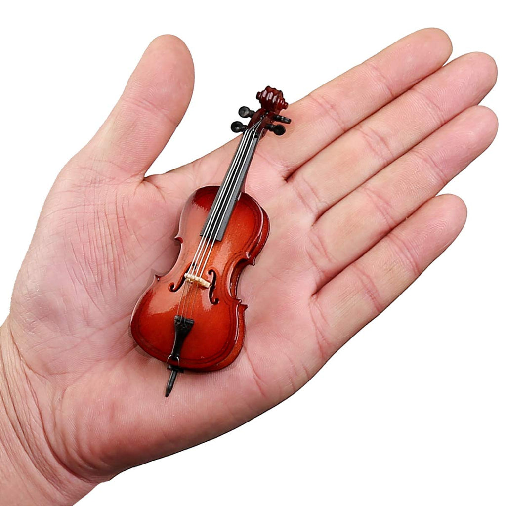 Dselvgvu Miniature Cello Replica – Wooden Dollhouse Decoration with Stand, Bow, and Case (Burgundy, 3.94 Inches)