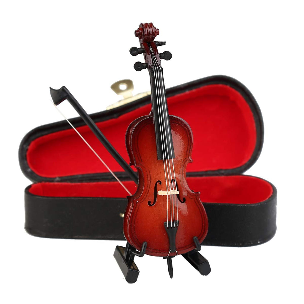 Dselvgvu Miniature Cello Replica – Wooden Dollhouse Decoration with Stand, Bow, and Case (Burgundy, 3.94 Inches)