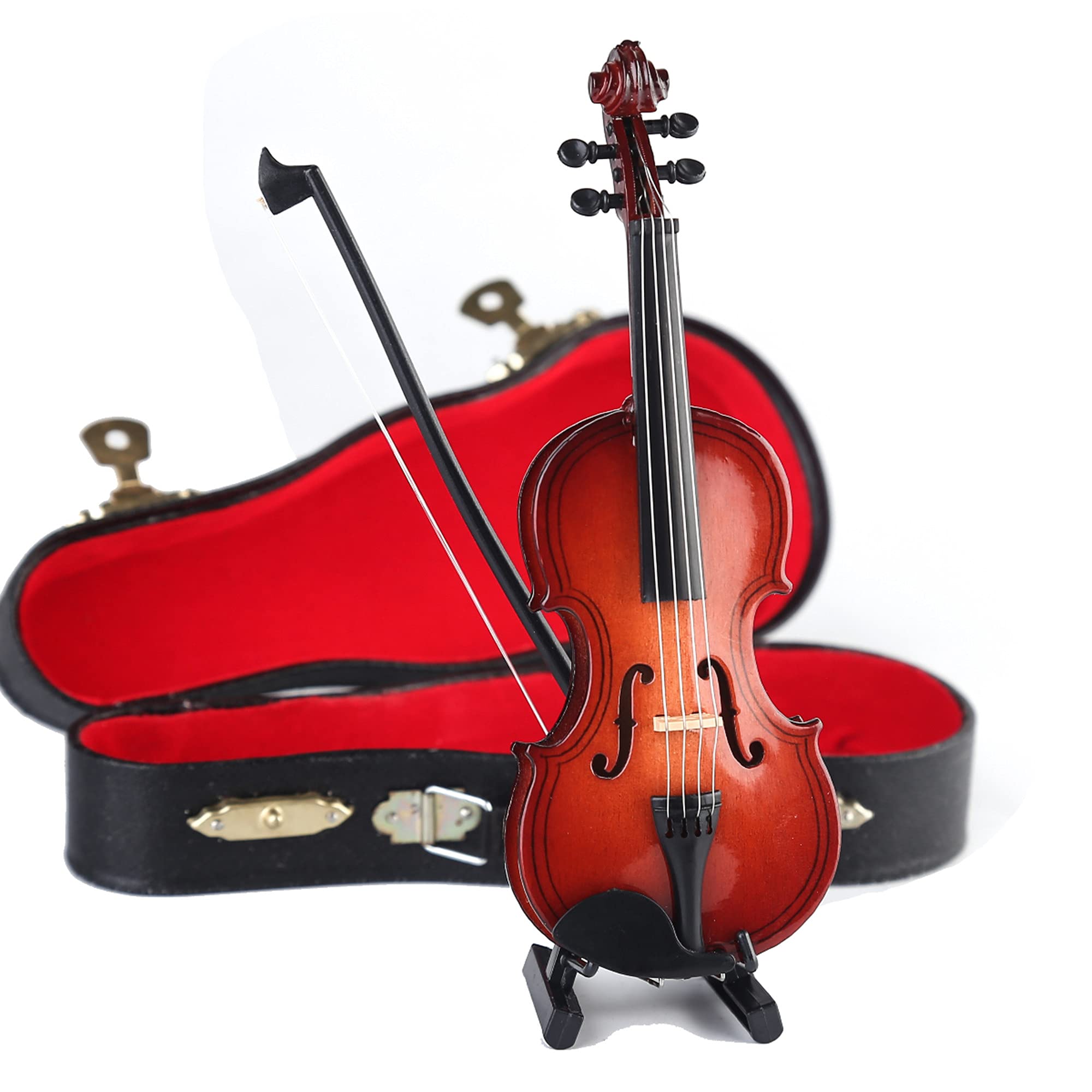 Dselvgvu Wooden Miniature Violin Replica with Stand, Bow, and Case – Non-Playable Collectible (5.63 Inches)