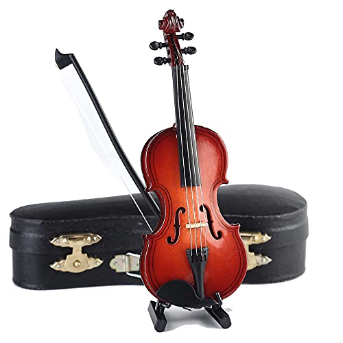 Dselvgvu Wooden Miniature Violin Replica with Stand, Bow, and Case – Non-Playable Collectible (5.63 Inches)