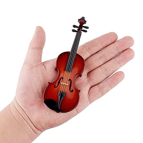 Dselvgvu Wooden Miniature Violin Replica with Stand, Bow, and Case – Non-Playable Collectible (5.63 Inches)