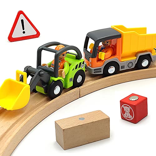 DSHMIXIA Construction Train Cars Set – Magnetic Digger & Dump Truck for Wooden Tracks