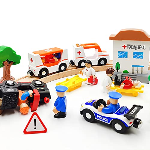 DSHMIXIA Magnetic Train Cars Playset with Ambulance - Wooden Track Compatible, Includes 2 Cars, Figures & Dog, Light and Sound