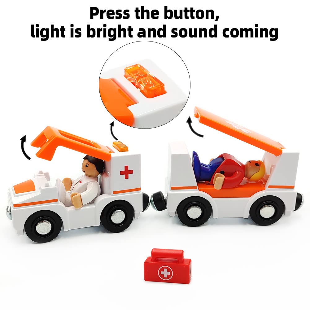 DSHMIXIA Magnetic Train Cars Playset with Ambulance - Wooden Track Compatible, Includes 2 Cars, Figures & Dog, Light and Sound