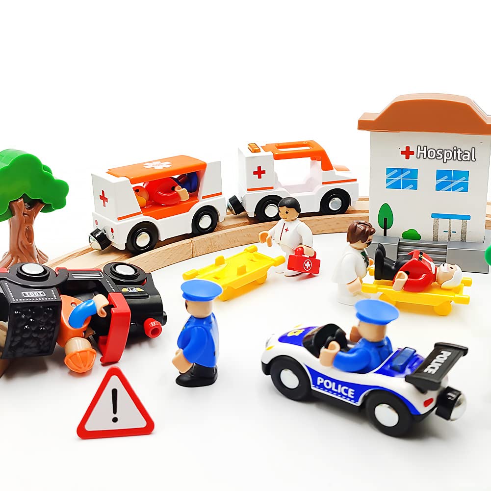 DSHMIXIA Magnetic Train Cars Playset with Ambulance - Wooden Track Compatible, Includes 2 Cars, Figures & Dog, Light and Sound