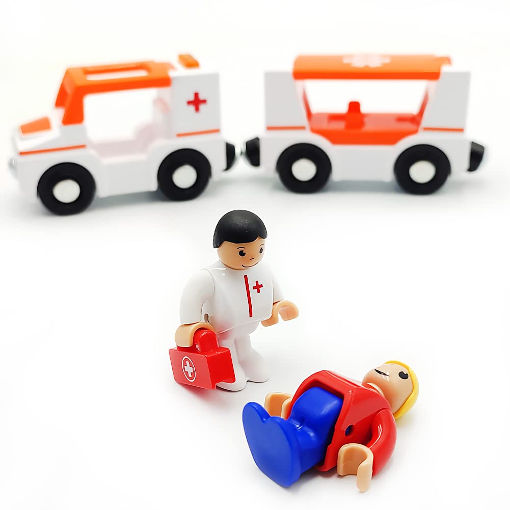 DSHMIXIA Magnetic Train Cars Playset with Ambulance - Wooden Track Compatible, Includes 2 Cars, Figures & Dog, Light and Sound