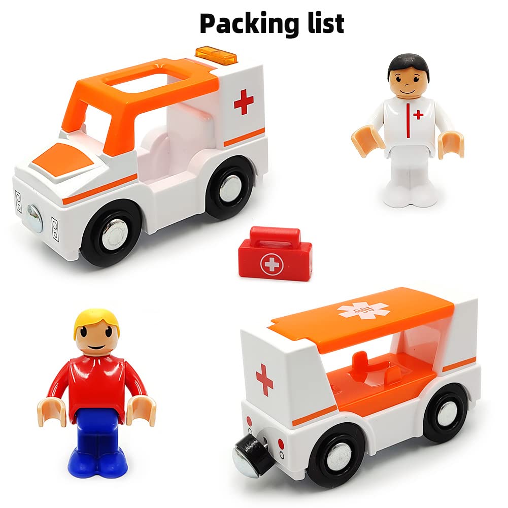 DSHMIXIA Magnetic Train Cars Playset with Ambulance - Wooden Track Compatible, Includes 2 Cars, Figures & Dog, Light and Sound