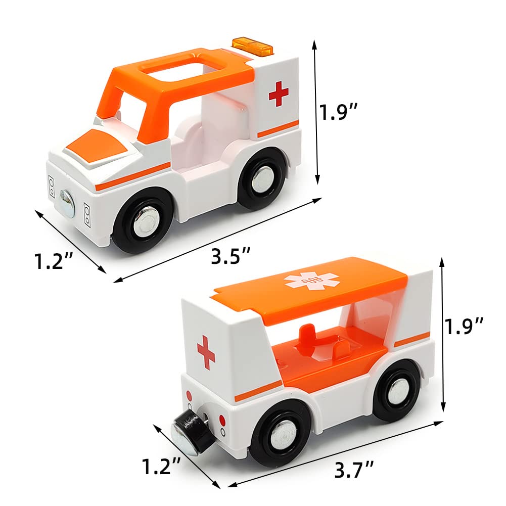 DSHMIXIA Magnetic Train Cars Playset with Ambulance - Wooden Track Compatible, Includes 2 Cars, Figures & Dog, Light and Sound