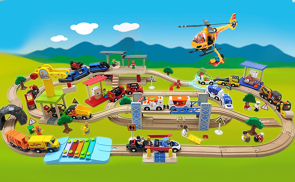 DSHMIXIA Rescue Helicopter Train Accessory with Light & Sound for Kids Ages 3-7