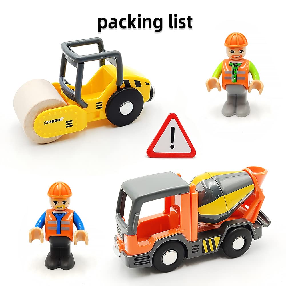 DSHMIXIA Wooden Train Accessories Engineering Set – Rescue Roller Truck & Mix Truck with Figures, Magnetic Couplings for Major Track Brands