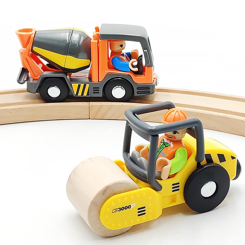 DSHMIXIA Wooden Train Accessories Engineering Set – Rescue Roller Truck & Mix Truck with Figures, Magnetic Couplings for Major Track Brands