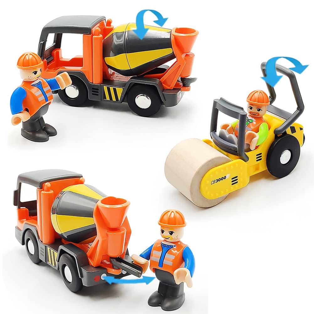 DSHMIXIA Wooden Train Accessories Engineering Set – Rescue Roller Truck & Mix Truck with Figures, Magnetic Couplings for Major Track Brands