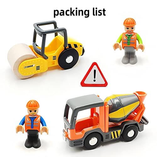 DSHMIXIA Wooden Train Accessories Engineering Set – Rescue Roller Truck & Mix Truck with Figures, Magnetic Couplings for Major Track Brands