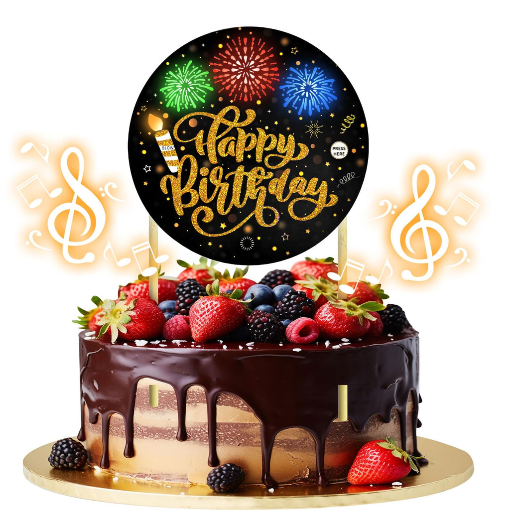 DTESL Black Gold Birthday Cake Topper with Light, Music & Blowable Fireworks – Plays 'Happy Birthday' Song