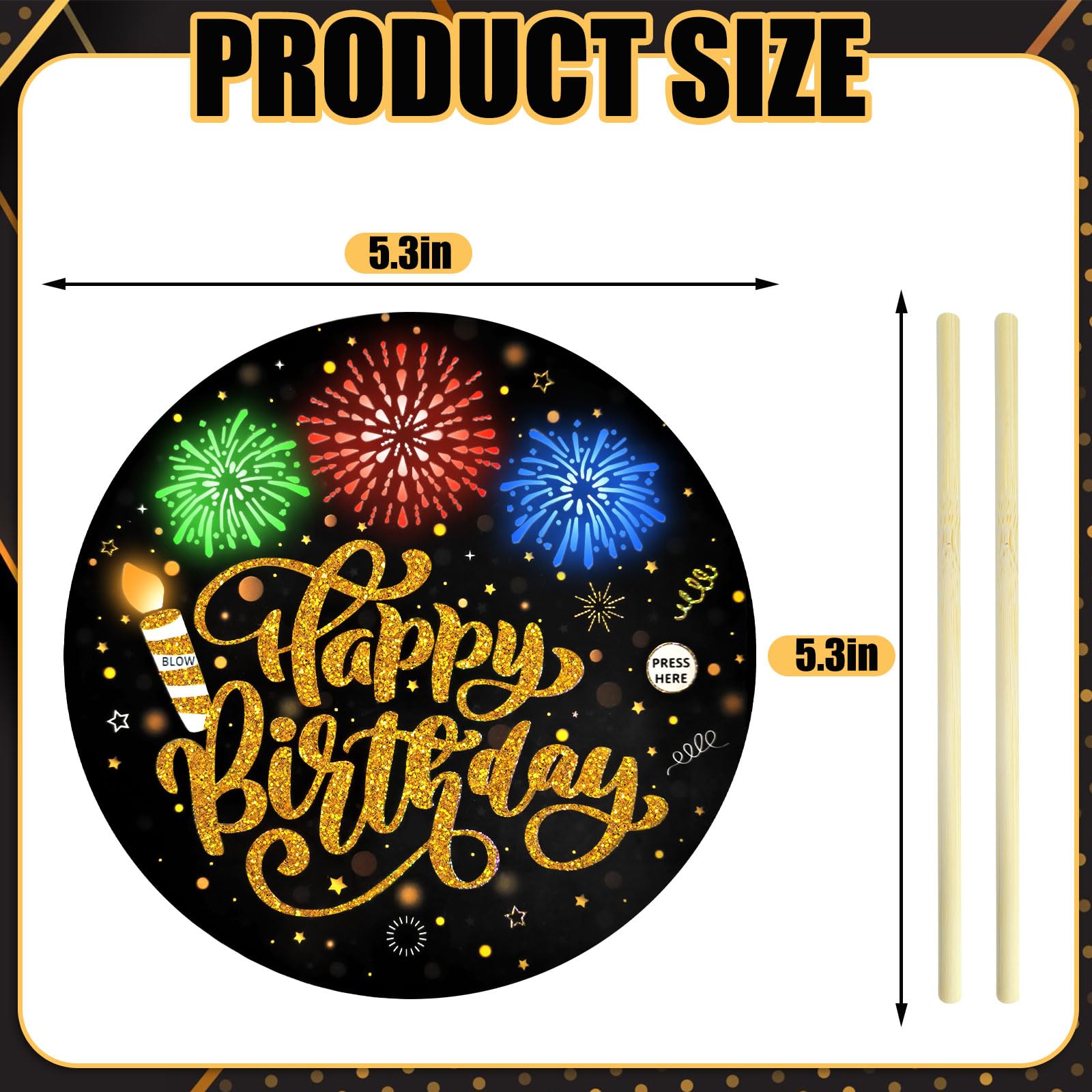 DTESL Black Gold Birthday Cake Topper with Light, Music & Blowable Fireworks – Plays 'Happy Birthday' Song